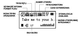 Wygląd i przyciski Wyświetlacz LCD 1. Wyświetlacz LCD 2. Mikrofon 3. Zmniejszenie siły głosu ( ) 4. Zwiększenie siły głosu (+) 5. Złącze do USB 6. Odtwarzanie ( ) 7. Uchwyt do smyczy na szyję 8.