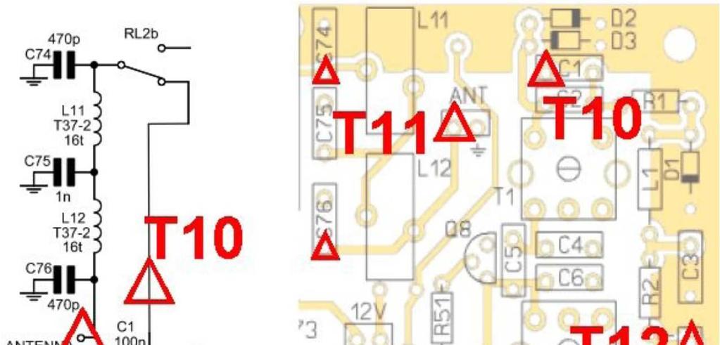 Uruchomienie Strojenie filtru pasmowego. Sygnał 7,080 MHz o niskim napięciu z generatora należy doprowadzić do punktu T10 (lewe wyprowadzenie kondensatora C1).