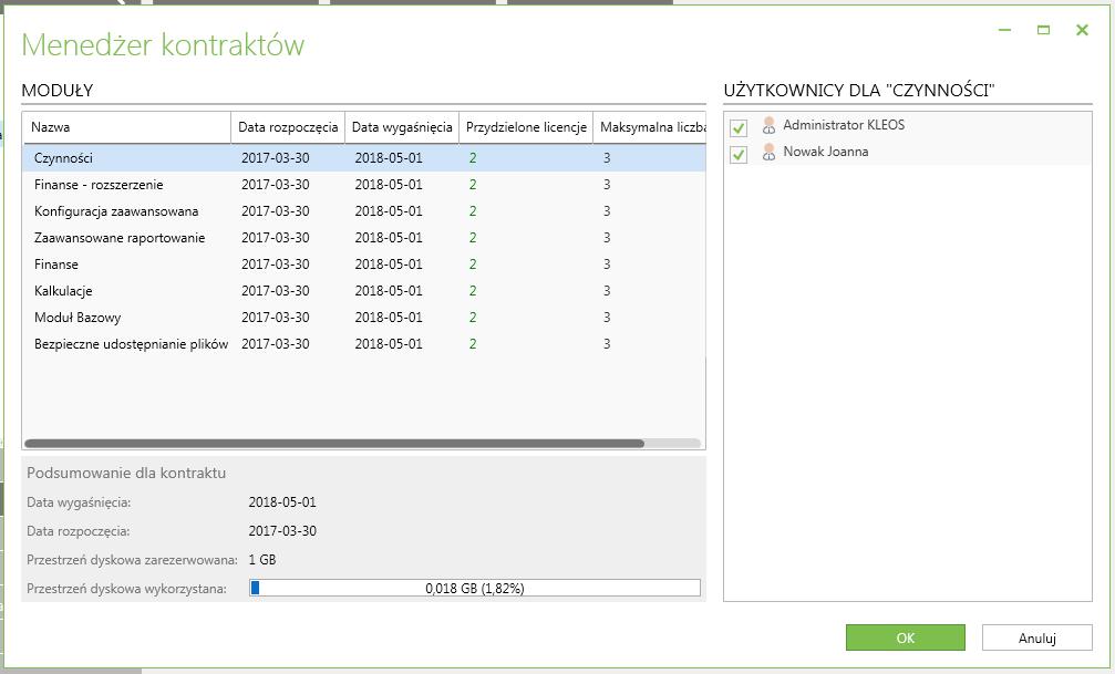 Okno Menedżera kontraktów zawiera informacje dotyczące liczby dostępnych licencji, daty ich ważności licencji oraz dostępnej przestrzeni do przechowywania danych (dane informacyjne Kleos nie ma