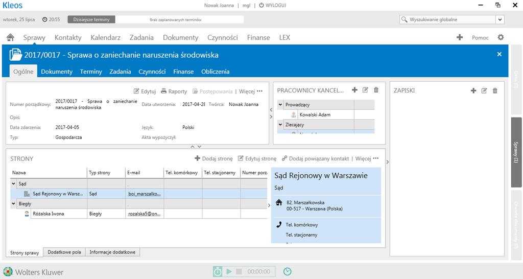 Jedyne wymagane pole do utworzenia sprawy to nazwa sprawy, ale zdecydowanie sugerujemy umieszczenie pozostałych informacji takich jak strony sprawy, pracownicy czy opis.