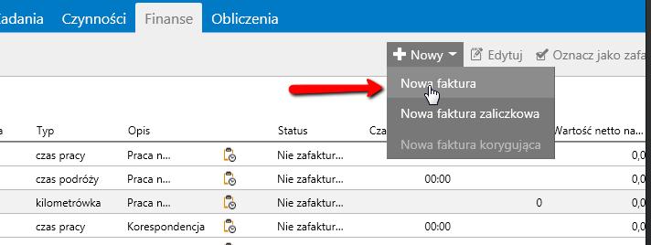 Widok pierwszego okna w procesie tworzenia faktury: Klient faktury musi być wcześniej dodany jako strona w sprawie, z poziomu której jest wystawiana