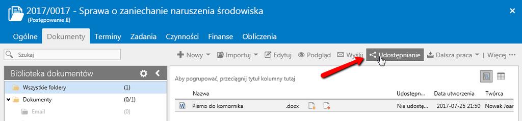 Bezpieczne udostępnianie dokumentów Opcja Udostępnianie w menu sprawy w zakładce Dokumenty pojawi się w menu po przydzieleniu dostępu pracownikowi do tego modułu.