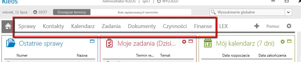 Kleos pozwala pracować jednocześnie z wieloma sprawami. Możesz otworzyć sprawę i użyć menu głównego, aby przejść do innego modułu.