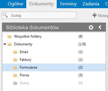 Biblioteka dokumentów znajduje się po lewej stronie. Zawiera strukturę folderów wirtualnych. Liczba w nawiasach oznacza, ile dokumentów zawiera każdy folder.