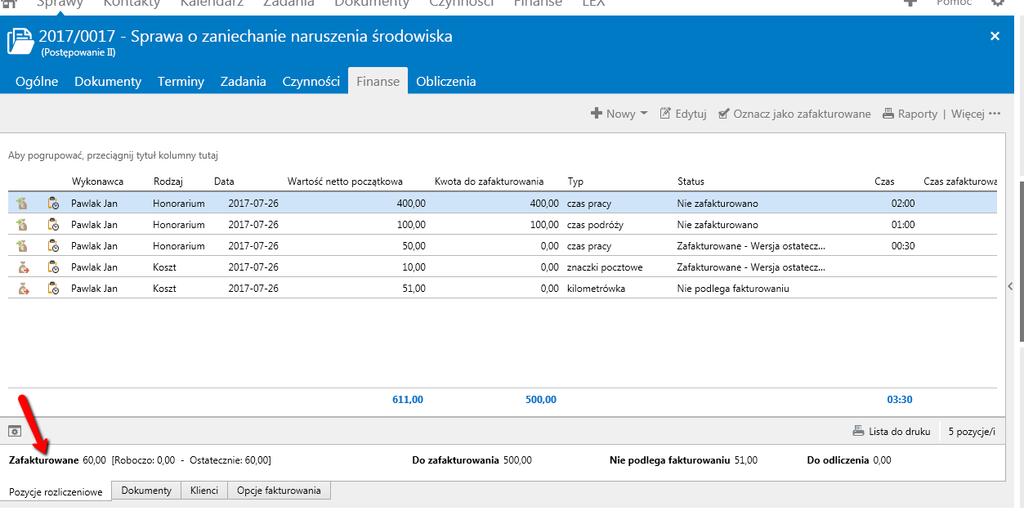 Jest to pierwsza pod zakładka z Finansów w sprawie. Zawiera ona wszystkie pozycje rozliczeniowe jakie istnieją w ramach utworzonych dla tej sprawy czynnościach.