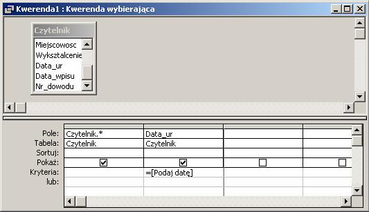 Kwerendy parametryczne Umożliwiają interakcję z użytkownikiem podczas generowania zestawu rekordów Przykłady: Jeden parametr: > [ Podaj wartość dla pola:] Dwa parametry: