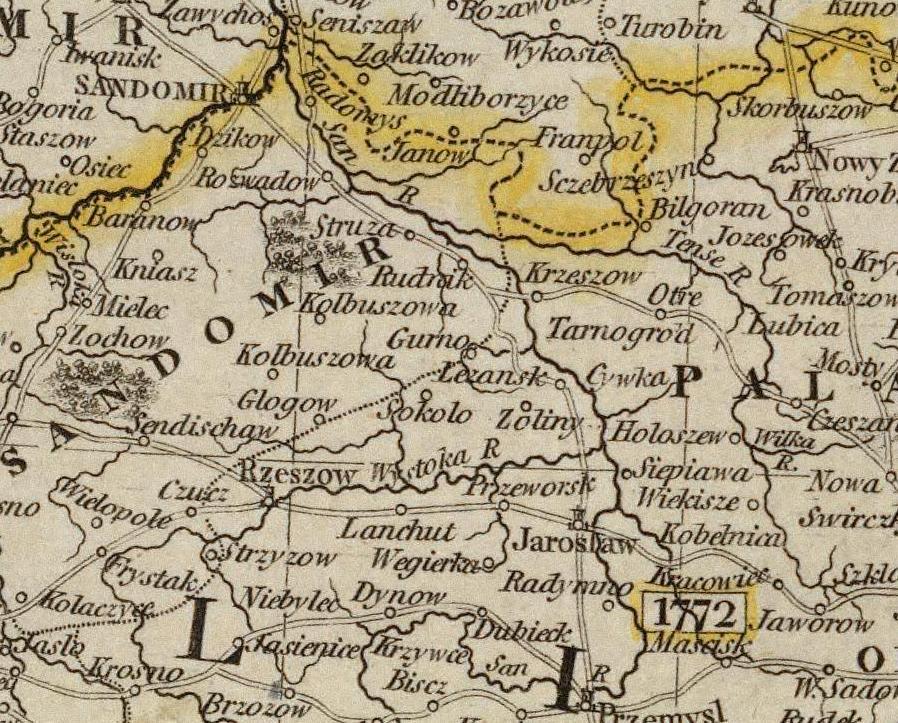 Fragment angielskiej mapy z 1799 roku przedstawiającej podział Rzeczypospolitej między zaborców. Cesarstwo Austrii posiadało podobne formy organizacji wsi, jednak dużo nowocześniejsze.