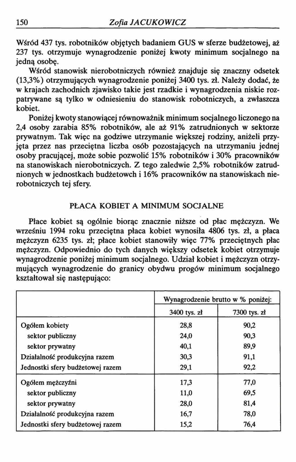 150 Zofia JACUKOWICZ Wśród 437 tys. robotników objętych badaniem GUS w sferze budżetowej, aż 237 tys. otrzymuje wynagrodzenie poniżej kwoty minimum socjalnego na jedną osobę.