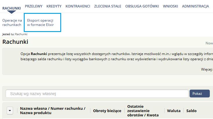 Zostanie zaprezentowana formatka Eksport historii rachunków, na której użytkownik ma możliwość określenia zakresu dat dla eksportu operacji oraz określenia czy mają być wyeksportowane operacje z