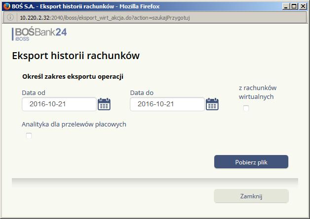 Operacje z kilku rachunków będą ułożone w pliku wg kolejności wybranych rachunków, a w ramach rachunku - wg porządku dat księgowania i kolejnych operacji dla danego rachunku i daty.