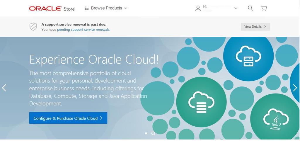 Po utworzeniu profilu w sklepie Oracle system przeniesie Cię na stronę główną sklepu. Będziesz tam mieć dostęp do odnowień usług asysty technicznej Oracle.