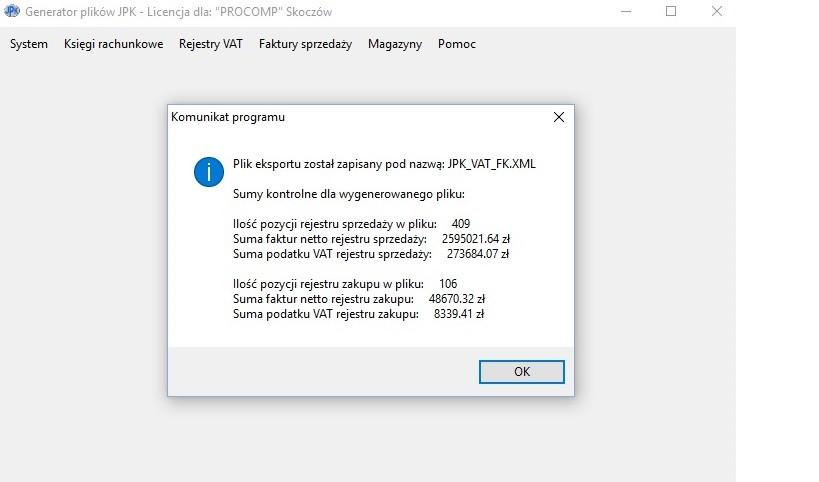 Poprawność należy zweryfikować z wydrukowanymi rejestrami zakupu i sprzedaży z tego systemu.