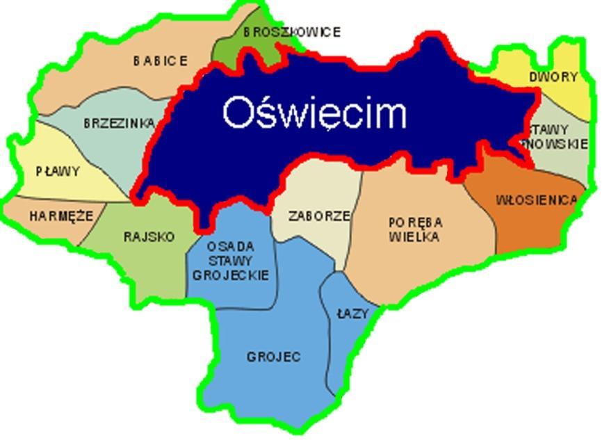 Powiat Oświęcimski 1.1. Gmina Oświęcim 1.1.1. Obręby: - Babice - Broszkowice - Brzezinka - Grojec - Harmęże - Łazy - Pławy - Rajsko - Stawy Monowskie 1.2. Gmina Przeciszów 1.2.1. Obręby: - Las - Piotrowie - Przeciszów 1.