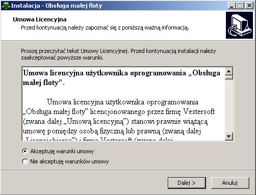 Po przeczytaniu tekstu należy wybrać opcję Akceptuję warunki umowy i