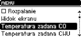 Opcja ta służy do ustawiania zadanej temperatury kotła. Użytkownik może zmieniać zakres temperatury na kotle od 45 OC do 85OC. Zadaną C.O. można również zmienić wprost z głównego ekranu sterownika pokręcając gałką impulsatora.