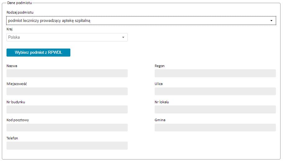 3.3.4. Podmiot leczniczy W systemie dostępne są dwa rodzaje podmiotów leczniczych objętych raportowaniem. Podmiot leczniczy prowadzący aptekę szpitalną; Podmiot leczniczy prowadzący dział farmacji.
