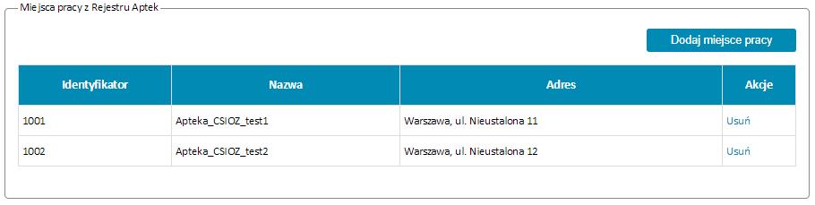 Wyboru konkretnej apteki szpitalnej lub działu farmacji dokonuje się przy pomocy przycisku Wybierz. Wybrane apteki pojawią się na wniosku w sekcji Miejsca pracy.