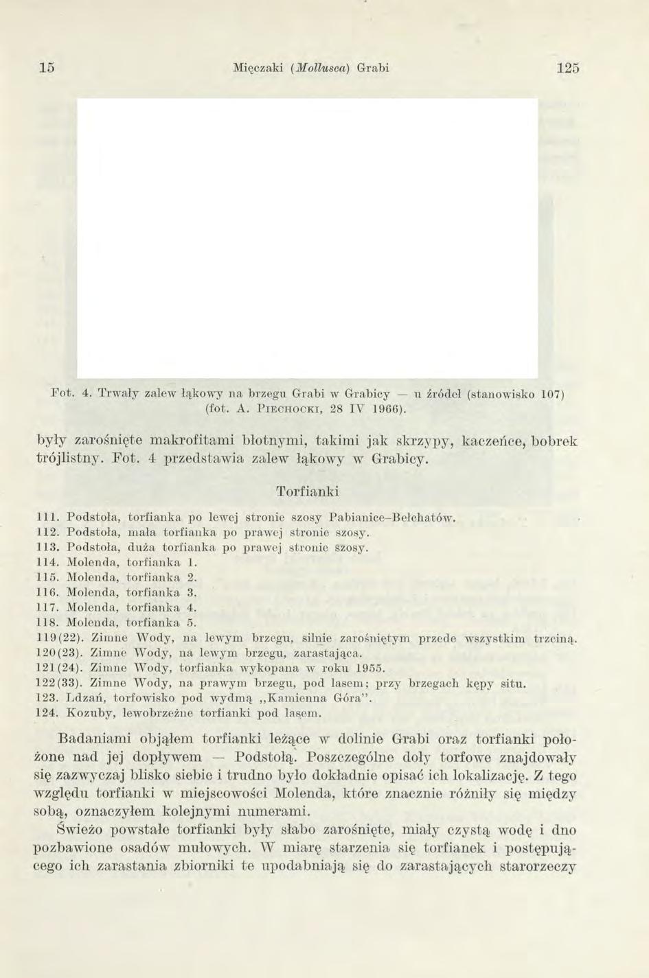 15 Mięczaki (M ollusca) G-rabi 125 F o t. 4. T rw ały zalew łąkow y n a brzegu G rabi w G rabicy u źródeł (stanow isko 107) (fot. A. P i e c h o c k i, 28 IV 1966).