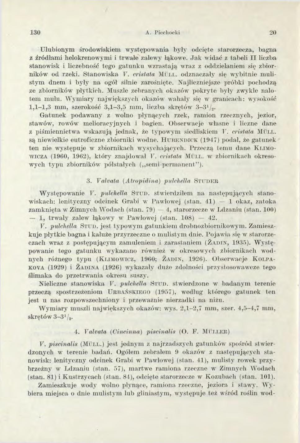 130 A. Piechocki 20 Ulubionym środowiskiem występowania były odcięte starorzecza, bagna z źródłam i helokrenowym i i trw ałe zalewy łąkowe.
