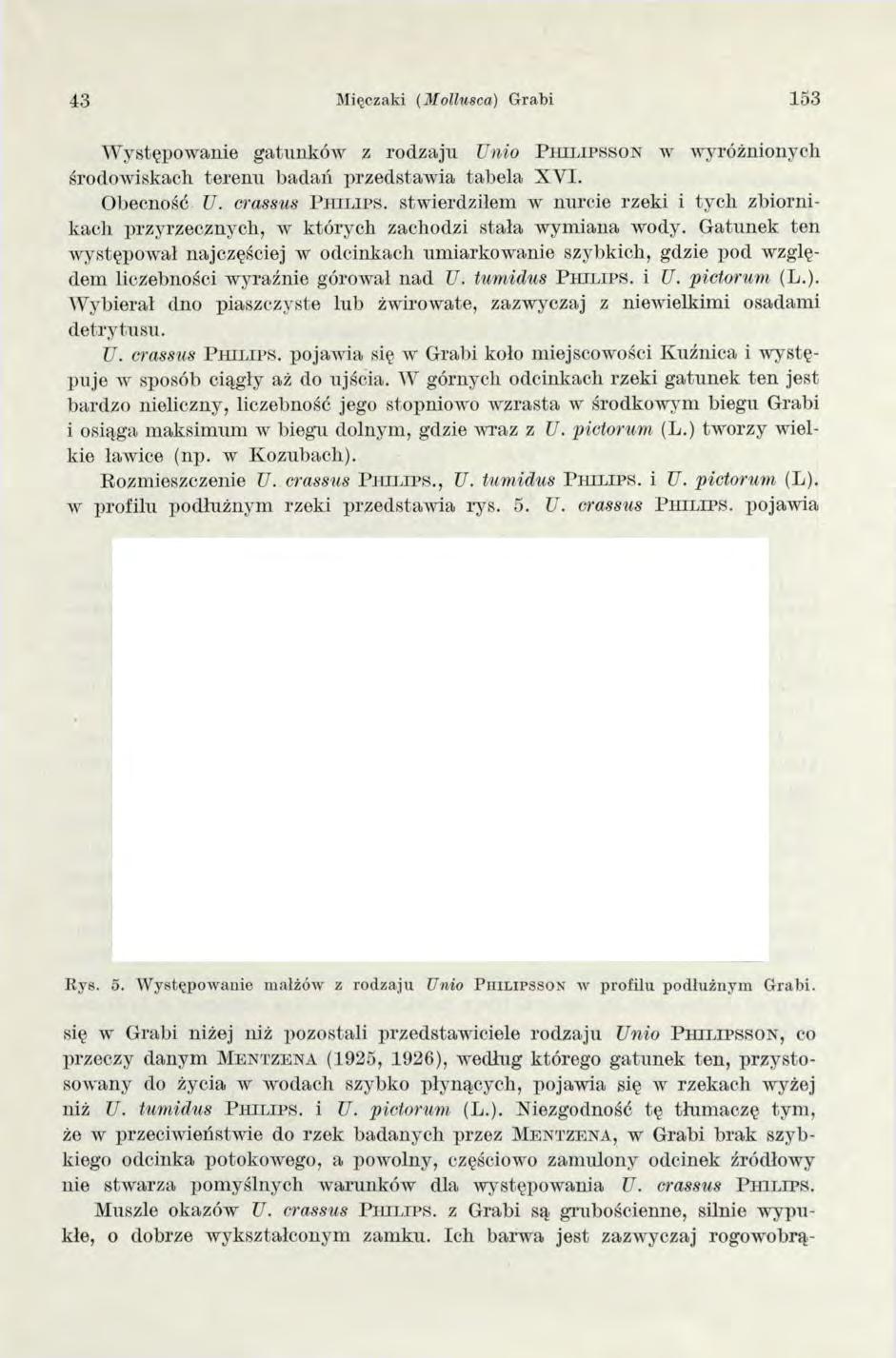 43 Mięczaki (M ollusca) Grabi 153 W ystępowanie gatunków z rodzaju Unio P h i l i p s s o n w wyróżnionych środow iskach teren u bad ań przedstaw ia tab ela X V I. Obecność U.