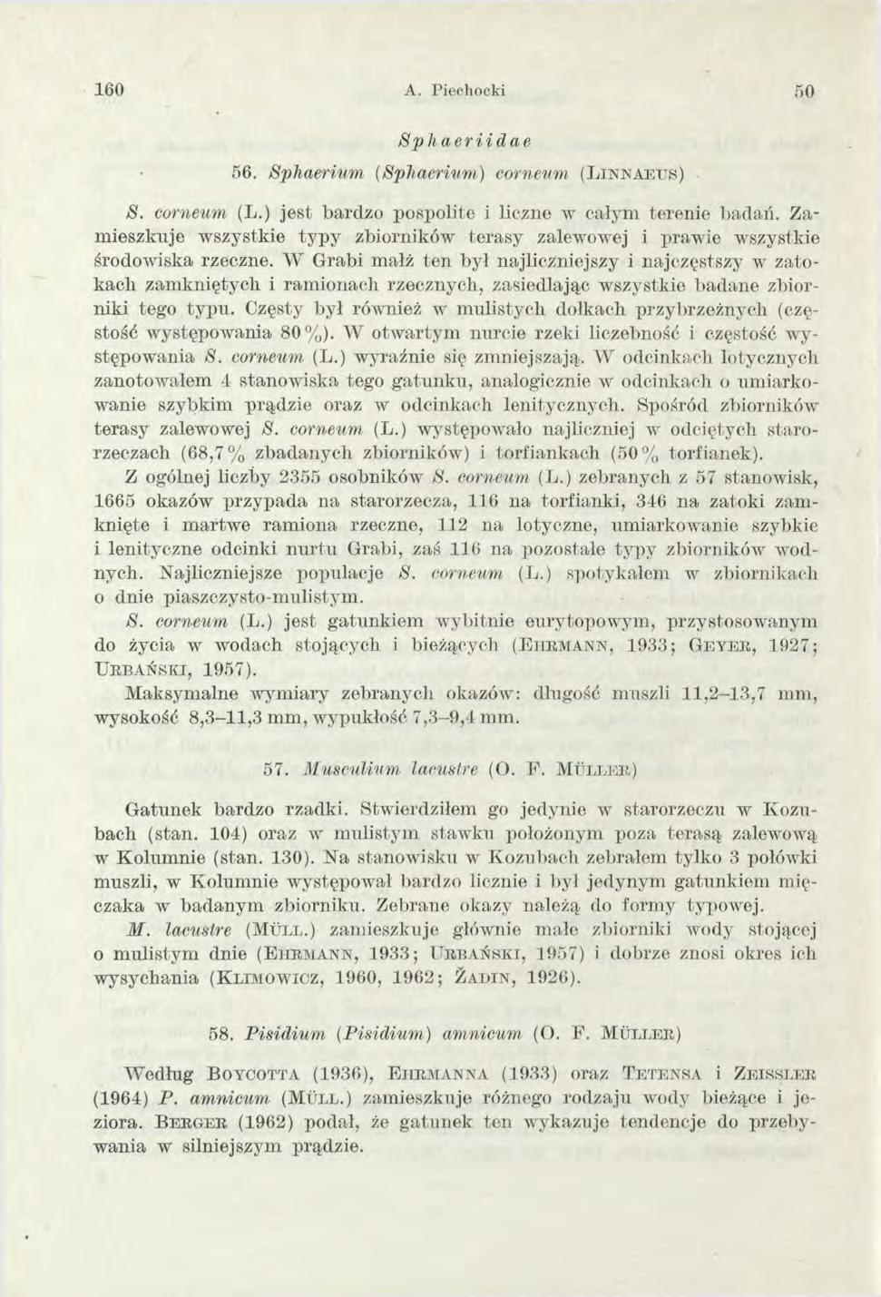 160 A. Piechocki 50 Sphaeriidae 5 6. Sphaerium (Sphaerium) corneum ( L i n n a e u s ) 8. corneum (L.) jest bardzo pospolite i liczne w całym terenie badań.