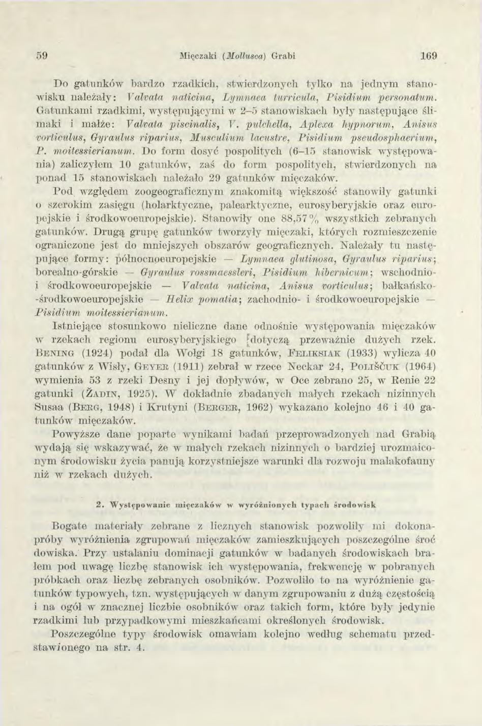 59 Mięczaki (M ollusca) Grabi 169 Do gatunków bardzo rzadkich, stw ierdzonych tylko na jednym stan o w isku należały: Valvata naticina, Lymnaea turricula, Pisidium personatum.