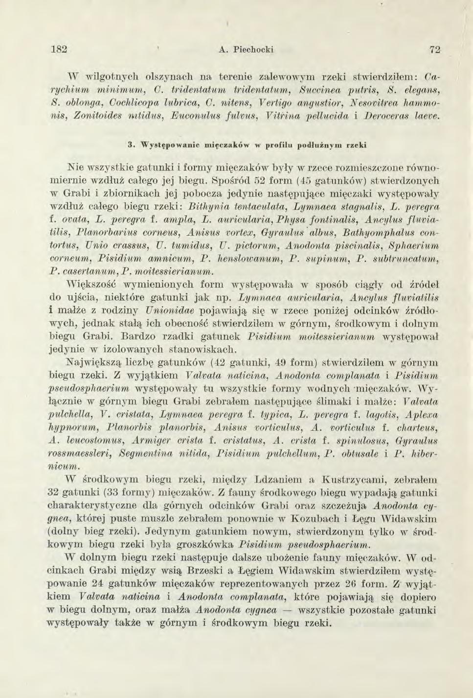 182 A. Piechocki 72 W wilgotnych olszynach na terenie zalewowym rzeki stwierdziłem: Carychium minimum, C. tridentatum tridentatum, Succinea putris, 8. elegans, 8. oblonga, Cochlicopa lubrica, C.