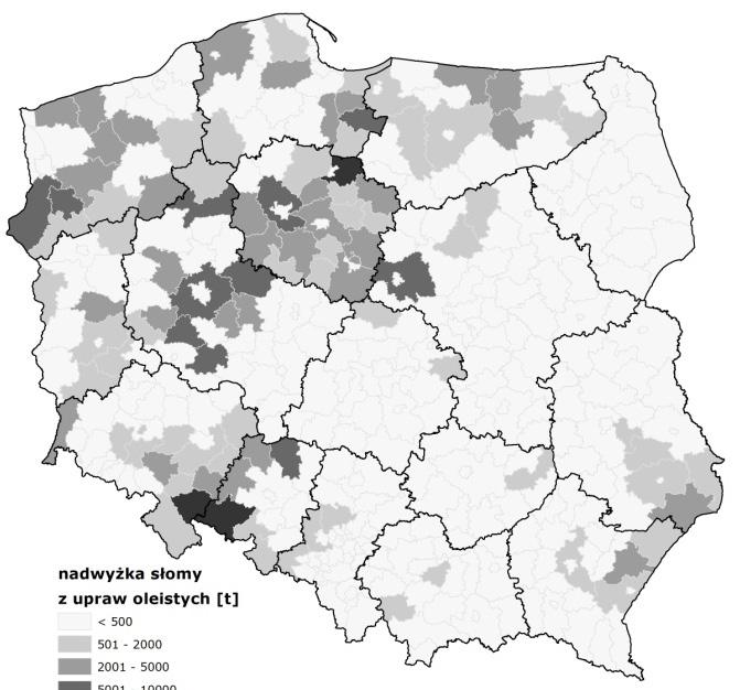 Regionalizacja potencjału biomasy ubocznej z produkcji roślin oleistych 101 t < 8000 8001-20 000 20 001-40 000 40 001-60 000 > 60 000 t < 500 501-2000 2001-5000 5001-10 000 > 10 000 Rysunek 3.