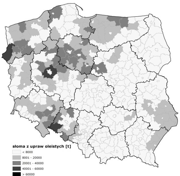 The technical potential straw from oilseed crops Większość powiatów charakteryzowała się niewielkimi nadwyżkami słomy (poniżej 500 t).