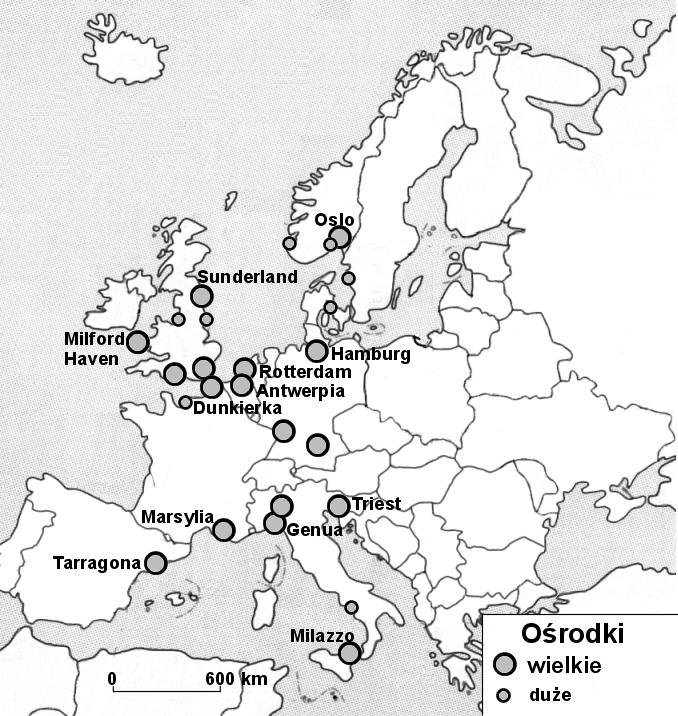 Egzamin maturalny z geografii 17 Zadanie 29. (2 pkt) Na mapie przedstawiono rozmieszczenie wybranych ośrodków przemysłu rafineryjnego w Europie Zachodniej.