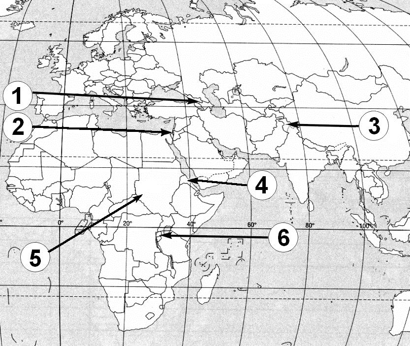 22 Egzamin maturalny z geografii Zadanie 36. (2 pkt) Na mapie zaznaczono miejsca wybranych konfliktów.
