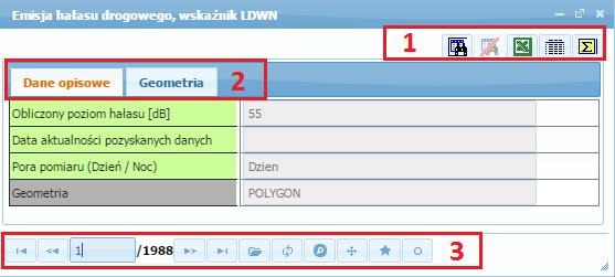 4 Okno główne W każdym oknie znajdują się pewne stałe obszary które służą do różnych celów: Obszar 1 przyciski służące do filtrowania, przeglądania i eksportowania danych.