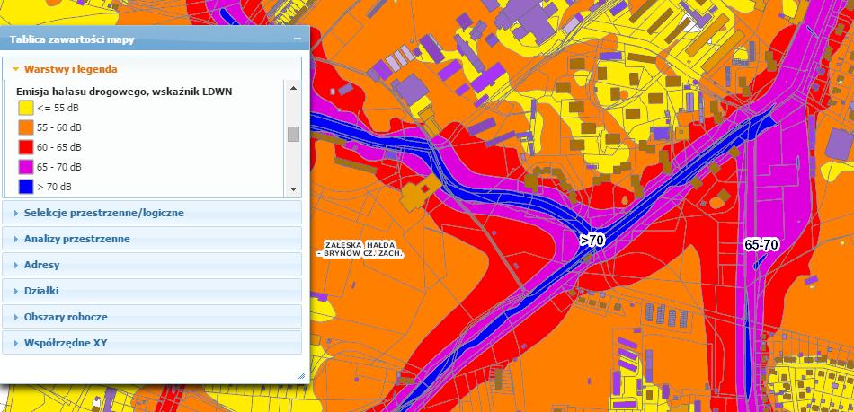 Aby pokazały się poziomy hałasu należy odpowiednio przybliżyć mapę: W celu aktywacji