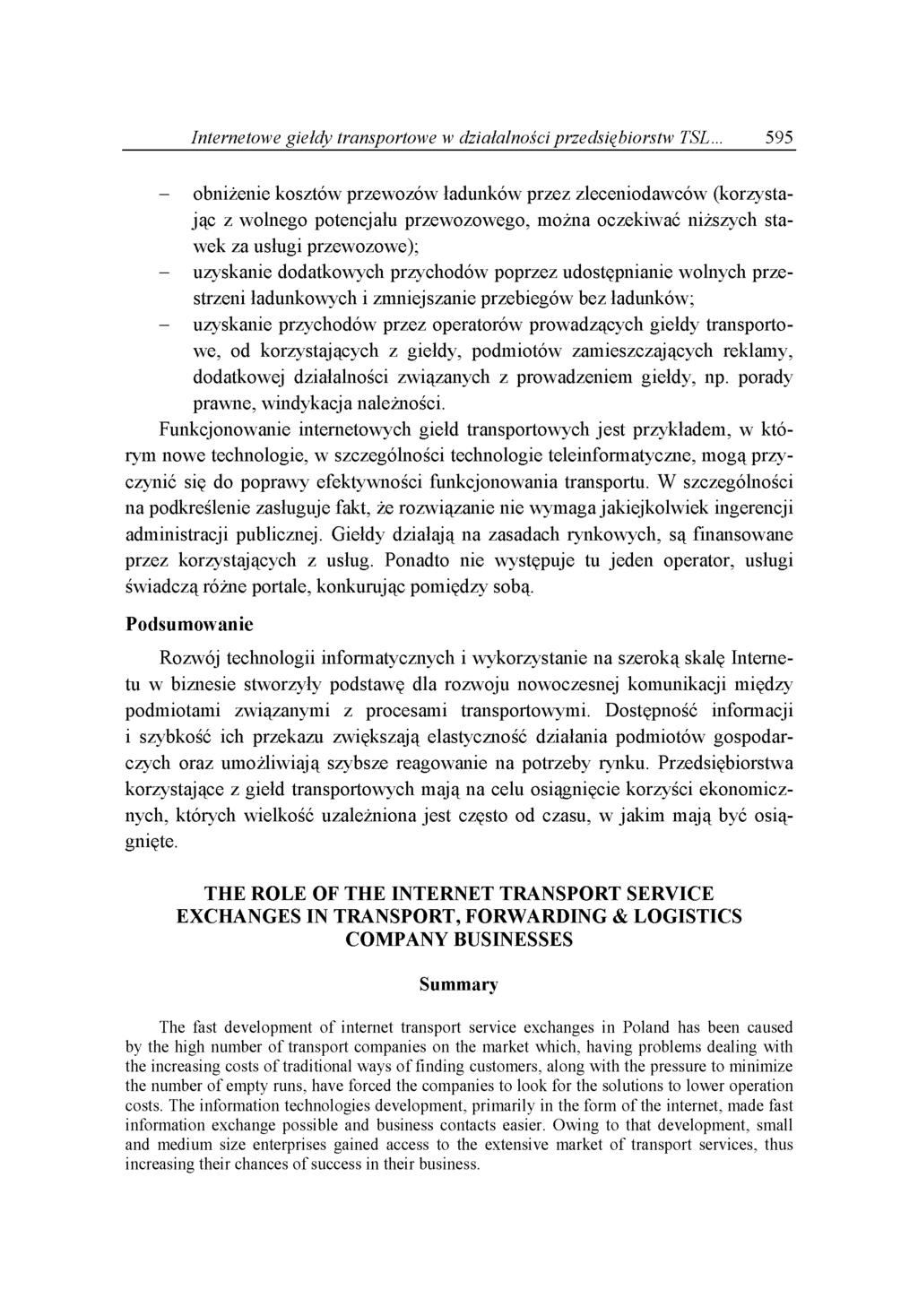 Internetowe giełdy transportowe w działalności przedsiębiorstw TSL.