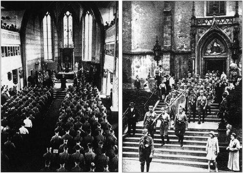 Kapelan (pierwszy z prawej - krzyż na piersiach) prowadzi modlitwę pogrzebową. 7. Kapelan pod krzyżem przykościelnym. 8. Kapelan SS udziela ślubu w Wawelsburgu. 9.