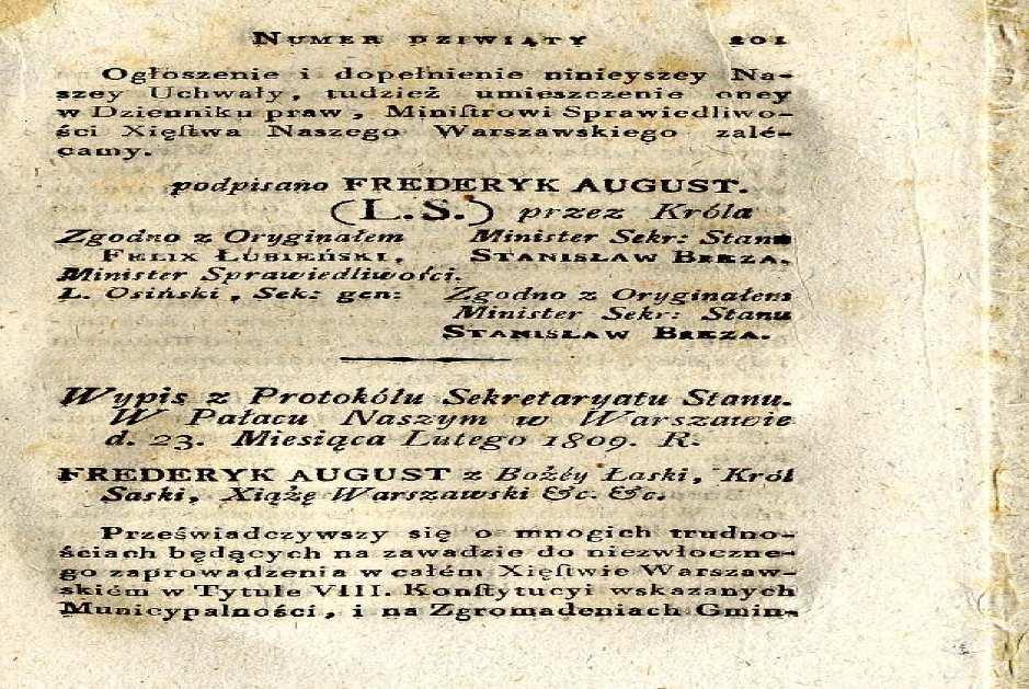 Nagłówek dekretu o gminach wiejskich (Dziennik Praw Księstwa Warszawskiego, tom I, s. 201) W 1815 roku, wraz z upadkiem Napoleona Bonaparte, upadło również Księstwo Warszawskie.