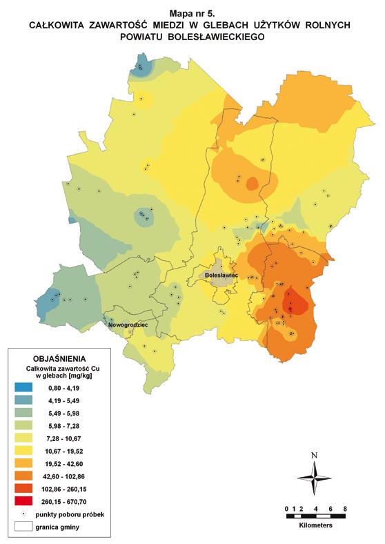 Mapa 4. Całkowita zawartość ołowiu w glebach użytków rolnych na terenach badanych powiatów Mapa 5. Całkowita zawartość miedzi w glebach użytków rolnych powiatu bolesławieckiego Mapa 6.