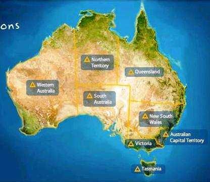 1.6 Regiony turystyczne. Ryc. 4 Podział terytorium Australii na regiony Źródło: http://www.australia.com/destinations/destinations.aspx data odczytu: 17.11.