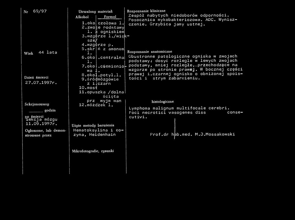 Nr 69/97 Nazwisko Wiek 44 lata Dzień śmierci 27.07.1997r. Sekcjonowany w godzin po śmierci, Sekcja mózgu 11.09.1997r. Ogłoszone, lub demonstrowane przez Utrwalony materiał: Rozpoznanie kliniczne Alkohol Formol Zespół nabytych niedoborów odporności.