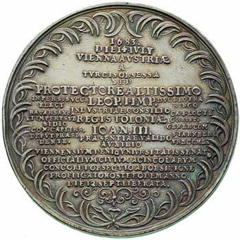 Wiednia, powy ej w pó uku napis URBEM SERVASTIS ET ORBEM (ocaliliêcie miasto i Êwiat), poni ej sygn. I.R., Rw: W wieƒcu z liêci oliwnych poziomy napis w 18 wierszach 1683/DIE14.