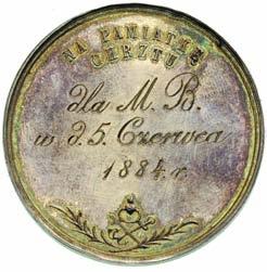 PAMIÑTK CHRZTU, poni ej napis poziomy Dla M.B. w d. 5 Czerwca 1884. r., srebro 20.