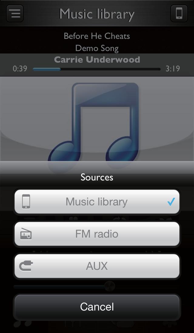 1 Dotknij ikony HomeStudio w urządzeniu ipod/iphone. 2 Dotknij ikony, aby wybrać źródło Music library.