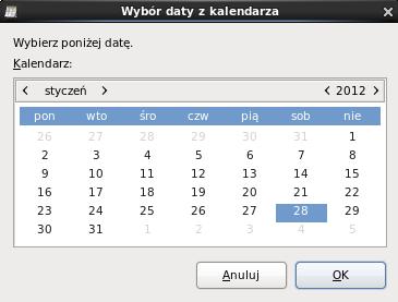 Kalendarz: Forma dialogowa umożliwiająca wybór daty: zenity calendar Forma wyświetla kalendarz z zaznaczoną aktualną datą. Za pomocą myszki można wybrać dowolną datę.