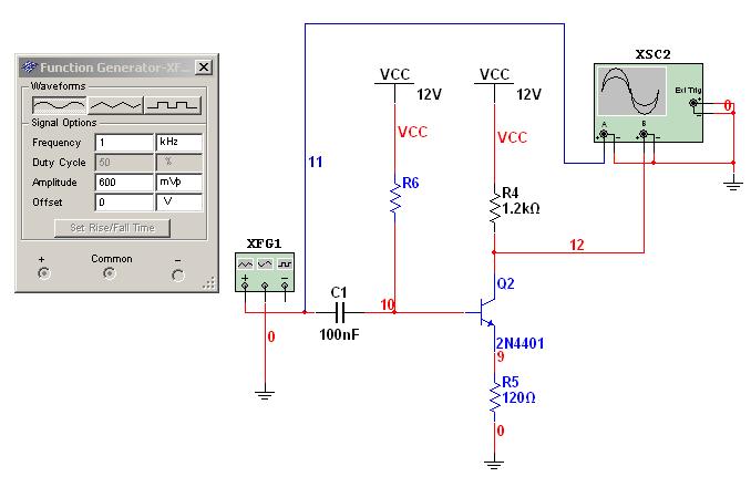 Usuń z obwodu multimetry. Dołącz do bazy tranzystora za pośrednictwem kondensatora separującego C źródło sygnału (sygnał sinusoidalny, zadana wartość amplitudy peak to peak sygnału wejściowego np.