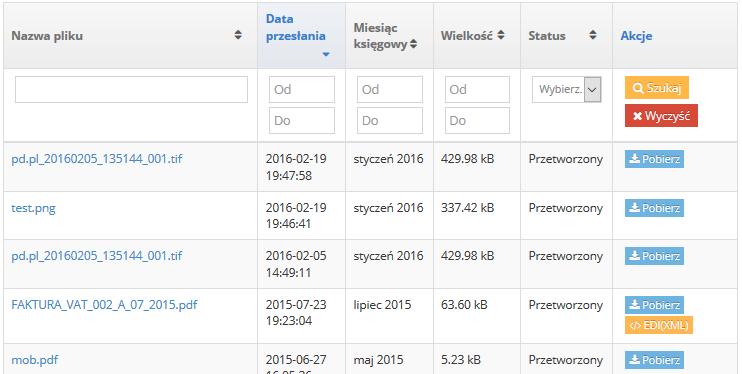 Instrukcja Użytkownika 9 Skany Podatnik ma możliwość przesyłania skanów faktur zakupowych oraz przeglądania ich listy.