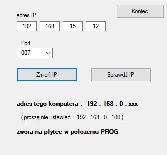 zmiana IP kontrolera - program Config_elarm_IP KROK 1 Zmienić IP komputera programującego na : 192.168.0.