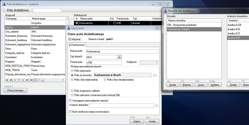 WF-Mag: Menu -> Administrator -> Definicje -> Pola dodatkowe Włączamy aktywność pola Włączamy aktywność pola Dodanie słownika Typ danych - tekst Format pola s100 Słownik zawiera wartości rodzaju