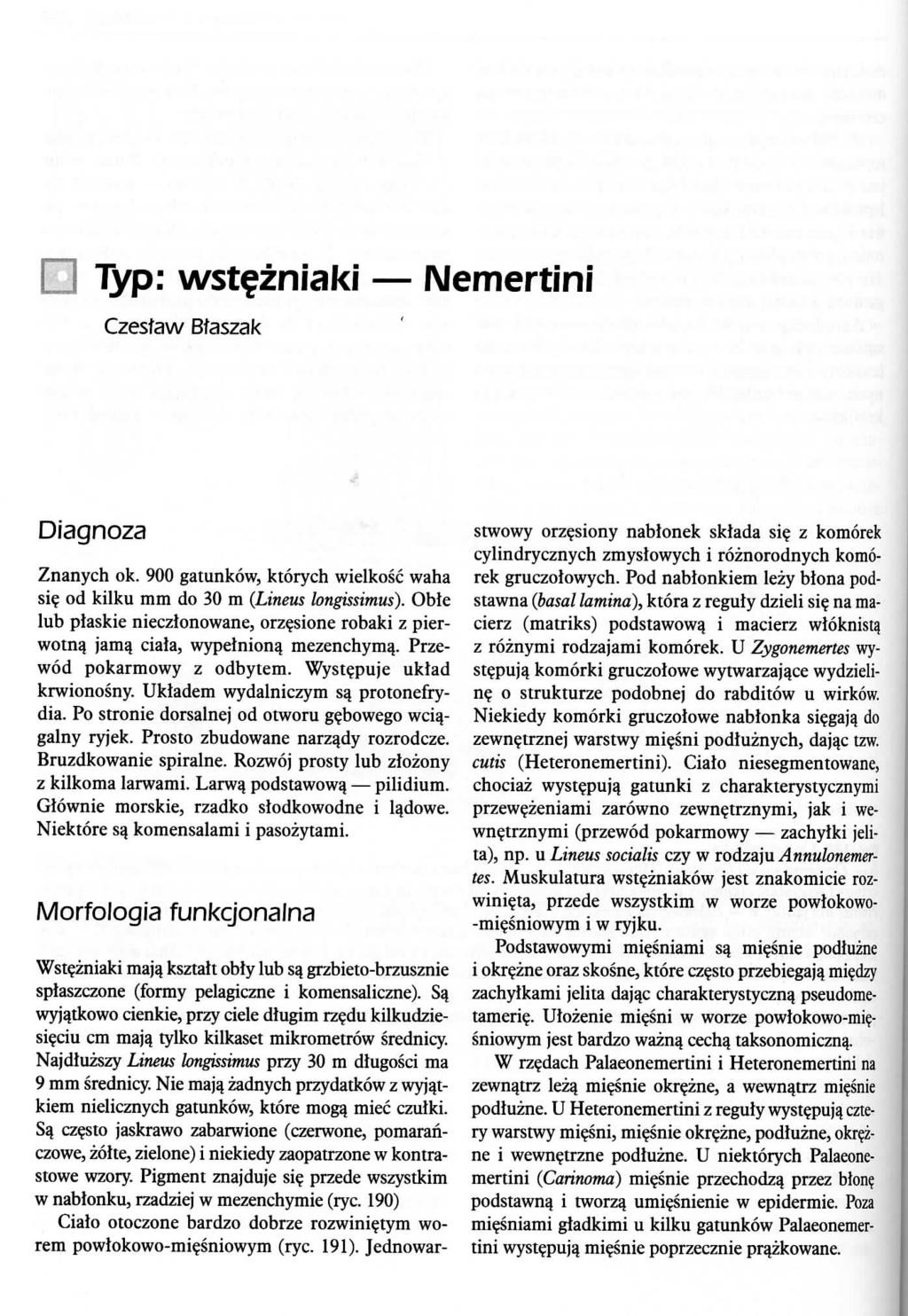 Typ: wstfzniaki IMemertini Czestaw Btaszak Diagnoza Znanych ok. 900 gatunkow, ktorych wielkosc waha si? od kilku mm do 30 m (Lineus longissimus). Obte lub plaskie nieczlonowane, orz?