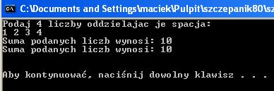 Analiza programu Deklarujemy czteroelementową tablicę liczby (przechowującą liczby zmiennoprzecinkowe) oraz wskaźnik o nazwie pliczby, któremu przypisujemy tablicę liczby 1 Następnie z klawiatury