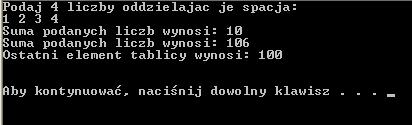 2 i w pętli wpisujemy je do zmiennej tablicowej W następnych liniach wywołamy funkcje sumuj ( ), więc najpierw ją napiszmy 6 (oczywiście nie zapominamy o jej deklaracji, którą umieszczamy na samym